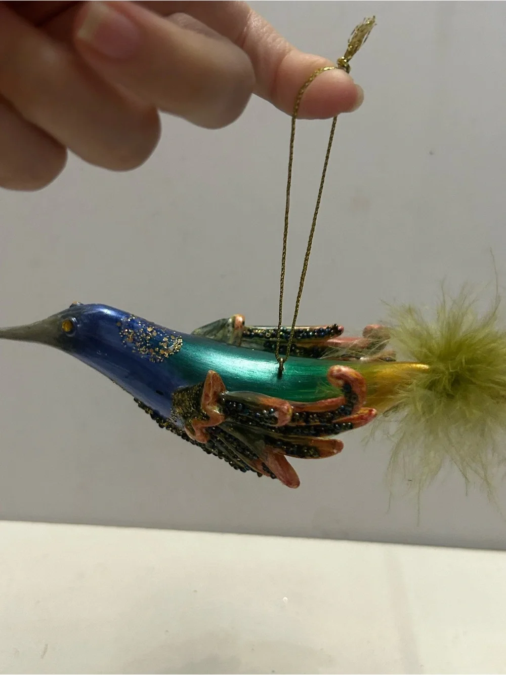 Iridescent Bird Ornaments Hummingbird with Feathered and Beaded Tails Vintage